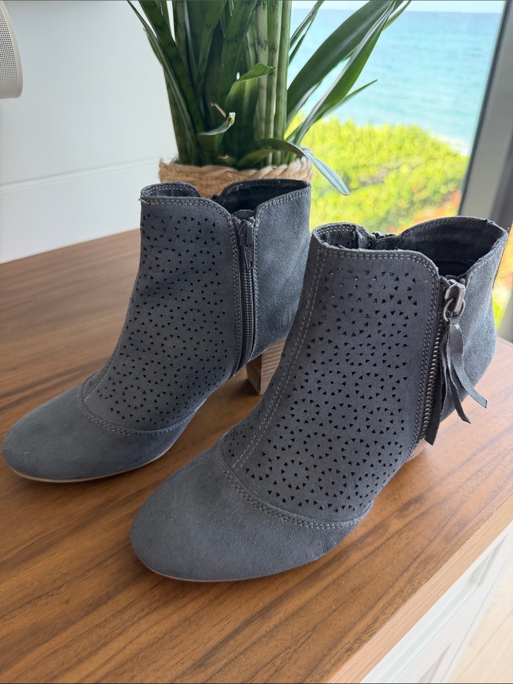 Report Gray Suede Laser-Cut Ankle Booties